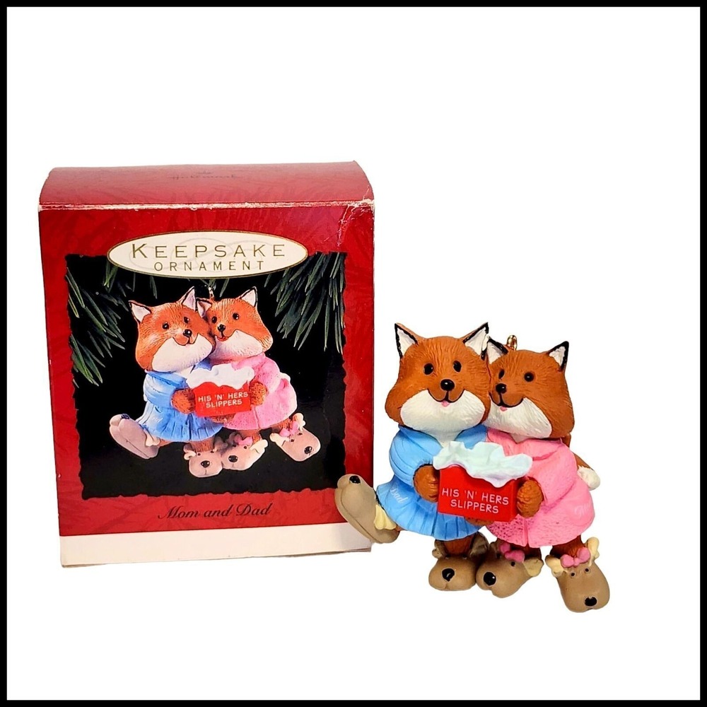 Hallmark Keepsake‎ Ornament Mom and Dad Foxes His 'N' Hers Slippers Vintage 1993